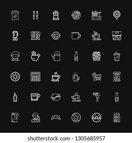 Editable 36 coffee icons for web and mobile. Set of coffee included icons line Food, Donut, Croissant, Barman, Drink, Juice, Graphic designer, Tea, Coffee bean on black background