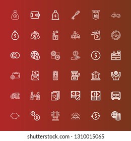Editable 36 coin icons for web and mobile. Set of coin included icons line Money, Currency exchange, Gold, Chest, Coins, Piggy bank, Poker, Gamblers, Casino chip, Donation on red