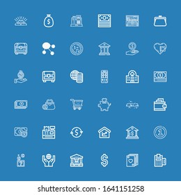 Editable 36 coin icons for web and mobile. Set of coin included icons line Payment, Poker, Dollar, Bank, Donation, Coins, Coin, Amount, Currency exchange, Cash register on blue background