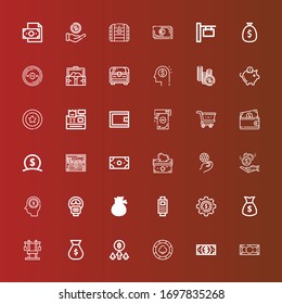 Editable 36 coin icons for web and mobile. Set of coin included icons line Money, Dollar, Casino chip, Bitcoin, Money bag, Chest, Payment, Parking meter, Earnings, Donation on red