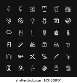Editable 36 cold icons for web and mobile. Set of cold included icons line Heater, Refrigerator, Skii, Ice cream, Rain, Soda can, Thermometer, Lemonade, Dust on black background