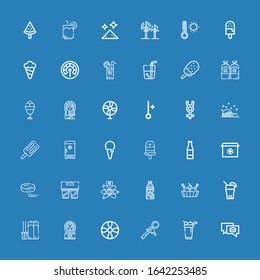 Editable 36 cold icons for web and mobile. Set of cold included icons line Puck, Ice cream, Scoop, Propeller, Eskimo, Ski, Drink, Skier, Cold fusion, Fridge on blue background