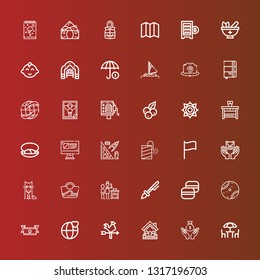 Editable 36 collection icons for web and mobile. Set of collection included icons line Chairs, Money, House, Vane, World, Ribbon, Tennis ball, Macaron, Prehistoric, Cooking on red