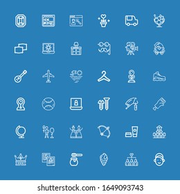 Editable 36 collection icons for web and mobile. Set of collection included icons line Girl, Hive, Seashell, Honey, Photo, Crown, Cemetery, Cosmetics, Bow, Wedding on blue background