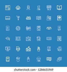 Editable 36 college icons for web and mobile. Set of college included icons line Student, Diploma, Teacher, Pencil case, Book, Backpack, School, Boy, Online education on blue background