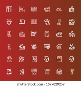 Editable 36 college icons for web and mobile. Set of college included icons line Toga, Book, Graduation, Books, Pencil case, Student, Workbook, Boy, Lesson, Backpack, Diploma on red