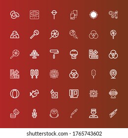 Editable 36 colorful icons for web and mobile. Set of colorful included icons line Keytar, Monster, Picker, Macaw, Plug, Macaron, Flower basket, Target, Cartridge, Anglerfish on red