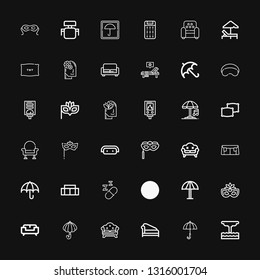 Editable 36 comfort icons for web and mobile. Set of comfort included icons line Geyser, Umbrella, Divan, Sofa, Eye mask, Sleeping, Armchair, Pillows, Water heater on black background