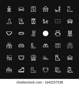 Editable 36 comfortable icons for web and mobile. Set of comfortable included icons line Boots, Diaper, Boot, Candle making, Sofa, Bench, Bellhop, Armchair on black background