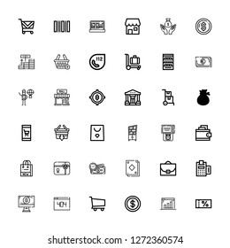 Editable 36 commerce icons for web and mobile. Set of commerce included icons line Voucher, Marketing, Coin, Shopping cart, , Online shop, Payment, Case, Card on white background