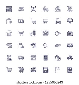 Editable 36 commercial icons for web and mobile. Set of commercial included icons line Shop, Germany, Bus stop, Truck, Shopping cart, Cart, Shelf, Shopping bag on white background