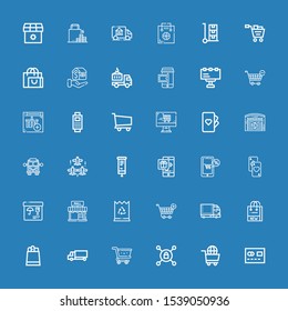 Editable 36 commercial icons for web and mobile. Set of commercial included icons line Mastercard, Shopping cart, Vpn, Cart, Delivery truck, Paper bag, Shopping bag on blue background
