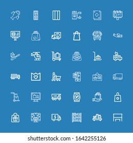 Editable 36 commercial icons for web and mobile. Set of commercial included icons line Bus stop, Shelf, Shelves, Truck, Online shop, Bag, Shopping bag, Online shopping on blue background