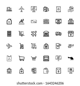 Editable 36 commercial icons for web and mobile. Set of commercial included icons line Online shop, Shopping bag, Food stall, Helicopter, Billboard, Bus stop on white background