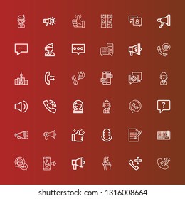 Editable 36 communicate icons for web and mobile. Set of communicate included icons line Call, Phone call, Speech, Megaphone, Chat bubble, Write, Audio, Thumbs up, Chat on red