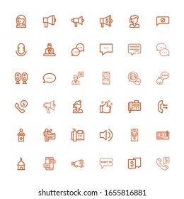 Editable 36 communicate icons for web and mobile. Set of communicate included icons line Call, Chat, Speech bubble, Megaphone, Tower, Write, Audio, Fax, Speech on white background