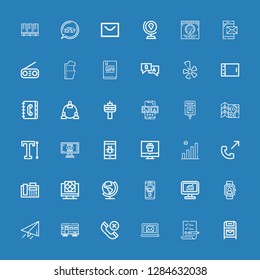 Editable 36 communication icons for web and mobile. Set of communication included icons line Postbox, List, Computer, Phone, Train, Send, Smartwatch, Call, Earth on blue background