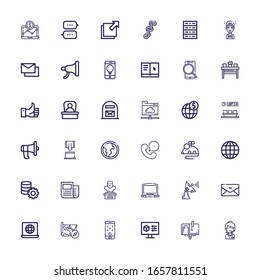 Editable 36 communication icons for web and mobile. Set of communication included icons line Call center, Mailbox, Settings, Smartphone, Map, Laptop, Envelope on white background