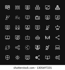 Editable 36 communications icons for web and mobile. Set of communications included icons line Share, Television, Firewall, Satellite dish, Sharing, Communications on black background