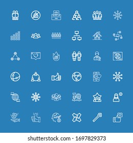 Editable 36 iconos comunitarios para web y móvil. Conjunto de la comunidad incluye la línea de iconos Como, Llave, Trabajo en equipo, Empleado, Pulgar hacia arriba, Donación, Agregar usuario, Redes sobre fondo azul