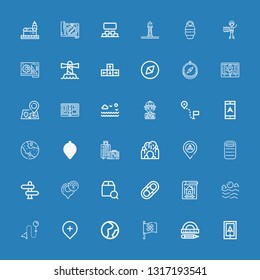 Editable 36 compass icons for web and mobile. Set of compass included icons line Navigation, Protractor, Pirate flag, Geography, Gps, Direction, Sea, Blueprint on blue background