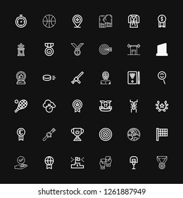 Editable 36 competition icons for web and mobile. Set of competition included icons line Medal, Basketball, Boxing, Podium, Prize, Success, Finish flag, Holden on black background