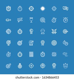 Editable 36 competitive icons for web and mobile. Set of competitive included icons line Stopwatch, Prize, Target, Dartboard, Puck, Sticks, Darts, Soccer player on blue background