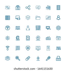 Editable 36 computer icons for web and mobile. Set of computer included icons line Copywriter, Key, Webcam, Usb, Virus search, Servers, Laptop, Pack, Analytics on white background