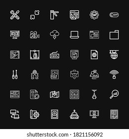 Editable 36 computer icons for web and mobile. Set of computer included icons line Ebook, Monitor, Robot, Hard disk, Sketch, Responsive, Statistics, Industrial robot on black background