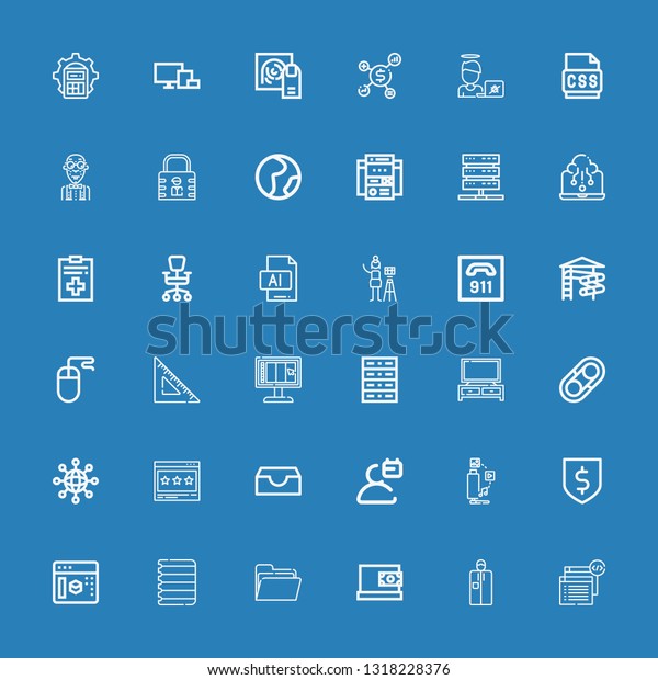 Editable 36\
computer icons for web and mobile. Set of computer included icons\
line Coding, Portable, Online payment, Folder, Paper, d modeling,\
Protection, Tv on blue\
background