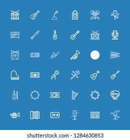Editable 36 concert icons for web and mobile. Set of concert included icons line Microphone, Ticket, Accordion, Trumpet, Drum, Tambourine, Harp, Violin, Electric guitar on blue background