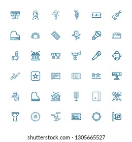 Editable 36 concert icons for web and mobile. Set of concert included icons line Music store, Tambourine, Ticket, Microphone, Cymbal, Kettledrum, Cajon, Drum on white background