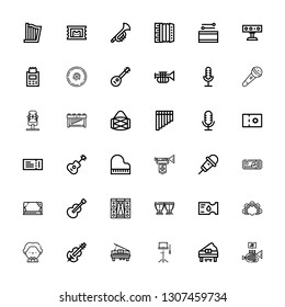 Editable 36 concert icons for web and mobile. Set of concert included icons line Trumpet, Piano, Orchestra, Violin, Musician, Tambourine, Ticket, Timpani, Stage on white background