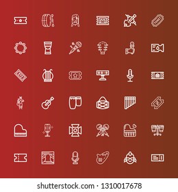 Editable 36 concert icons for web and mobile. Set of concert included icons line Ticket, Punk, Ocarina, Microphone, Stage, Coupon, Drum, Piano, Spotlight, Flute, Conga on red