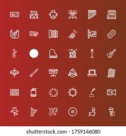 Editable 36 concert icons for web and mobile. Set of concert included icons line Microphone, Cymbal, Jazz, Harp, Ticket, Tambourine, Drum, Stage, Punk, Flute, Cymbals, Guitar on red
