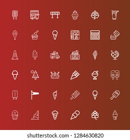 Editable 36 cone icons for web and mobile. Set of cone included icons line Ice cream, Hop, Windsock, Popsicle, Pine, Cream, Ice cream truck, Traffic cone, Macaron, Barricade on red