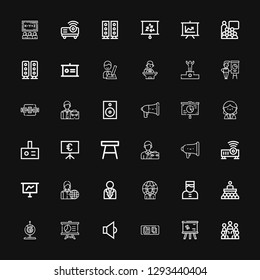 Editable 36 conference icons for web and mobile. Set of conference included icons line Meeting, Whiteboard, Table, Speaker, Presentation, Webcam, Conference on black background