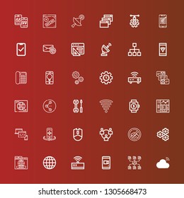Editable 36 connection icons for web and mobile. Set of connection included icons line Cloud, Network, Smartphone, Modem, Internet, Domain, Gear, Signal, Mouse, Devices on red