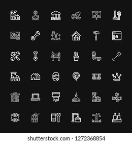 Editable 36 construction icons for web and mobile. Set of construction included icons line Factory, Obelisk, Maintenance, Configuration, Dynamite, Layers, Pipe on black background