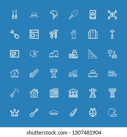 Editable 36 construction icons for web and mobile. Set of construction included icons line Helmet, Vest, Saw, Goggle, Shovel, Hat, Column, Electric tower, Courthouse on blue background