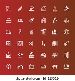 Editable 36 construction icons for web and mobile. Set of construction included icons line Factory, Barricade, Stage, Tower bridge, Barrier, Layers, Configuration, Saw on red