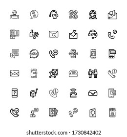 Editable 36 contact icons for web and mobile. Set of contact included icons line Mobile, Card, Phone call, Guide, Chat, Phone, Inbox, Telephone, Mail, Customer service on white background