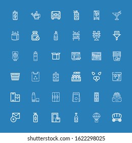 Editable 36 container icons for web and mobile. Set of container included icons line Wagon, Parachute, Soda, Box, Gel, Delete, Ship, Shelf, Take away, Lockers on blue background