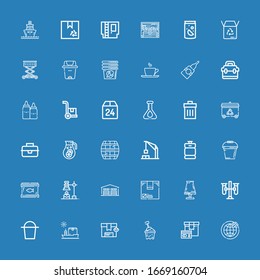 Editable 36 container icons for web and mobile. Set of container included icons line Shipping, Package, Bucket, Box, Ship, Test tubes, Pottery, Warehouse, Chemical on blue background