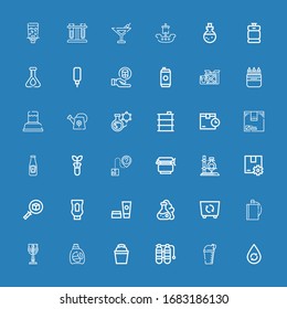 Editable 36 container icons for web and mobile. Set of container included icons line Water, Bottle, Oxygen tank, Bucket, Detergent, Cup, Hip flask, Container on blue background