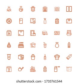 Editable 36 container icons for web and mobile. Set of container included icons line Box, Spray, Contact lens, Barrel, Watering can, Package, Glue, Bucket on white background