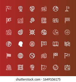 Editable 36 continent icons for web and mobile. Set of continent included icons line Map, Earth globe, Flag, Earth, Global, Planet, Planet earth, World, Globe on red