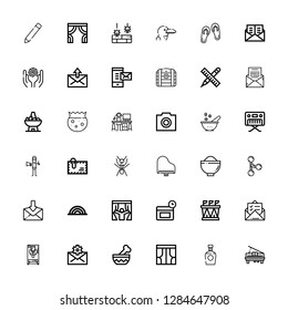 Editable 36 contour icons for web and mobile. Set of contour included icons line Piano, Brandy, Curtains, Bowl, Mail, Freezer, Stadium, Anti age, Rainbow, Merge on white background