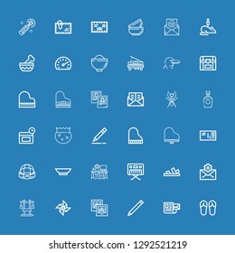Editable 36 contour icons for web and mobile. Set of contour included icons line Sandals, Mail, Pencil, Photo, Chest, Piano, Graphic designer, Bowl, Sphere on blue background