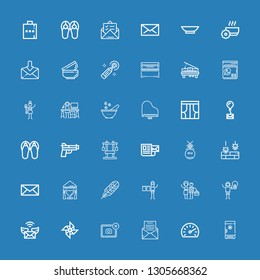 Editable 36 contour icons for web and mobile. Set of contour included icons line Freezer, Speedometer, Mail, Photo, Graphic designer, Feather, Curtain, Unprotected on blue background
